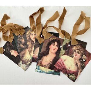 Lot of 9 Victorian Vintage-Style Gift Tags 2x3” Ribbon & Rhinestone NOS